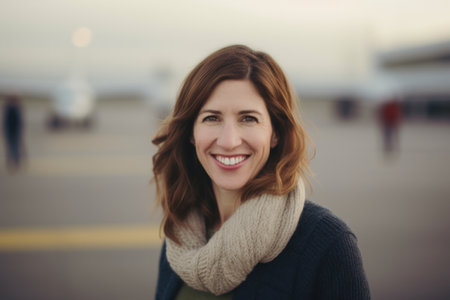 Portrait of a smiling young woman in front of an airplane at airportの素材