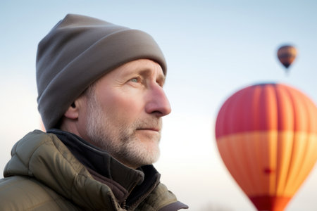 Portrait of a middle-aged man with a gray beard on a background of hot air balloonsの素材