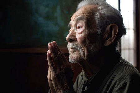 Portrait of a senior man praying at home. Selective focus.の素材