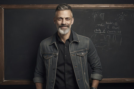 Portrait of a handsome mature teacher standing in front of a blackboard in a classroom.の素材