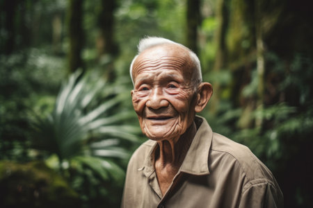 Portrait of an elderly man with a smile in a tropical forestの素材