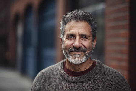 Portrait of a handsome middle aged man with gray beard and mustache in the cityの素材