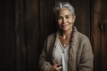 Portrait of a beautiful senior woman standing in front of a wooden wallの素材