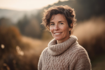 Portrait of a smiling middle-aged woman in a sweater on a background of mountains.の素材
