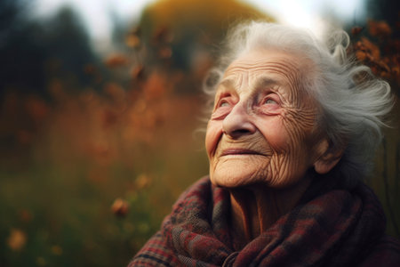 Portrait of a happy elderly woman in the autumn park. Portrait of an elderly woman.の素材