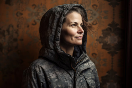 Portrait of a beautiful woman in a raincoat on a dark backgroundの素材
