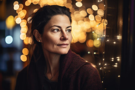 Portrait of a beautiful woman in a cafe with lights on backgroundの素材