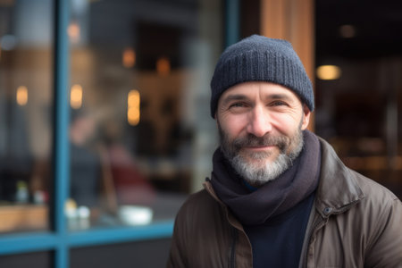 Portrait of a handsome senior man with gray beard wearing a hat and coat in a cafeの素材
