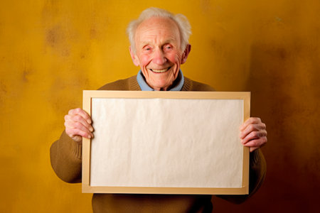 Elderly man holding a blank sheet of paper in front of himの素材