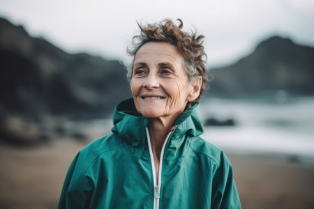 Portrait of happy senior woman in green jacket on the beach.の素材