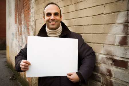 Portrait of a man holding a blank sheet of paper in the streetの素材