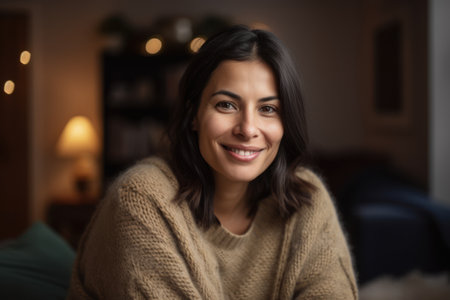 Portrait of smiling young woman sitting on sofa at home and looking at cameraの素材