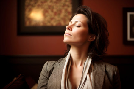 Portrait of a beautiful businesswoman with closed eyes in a cafeの素材
