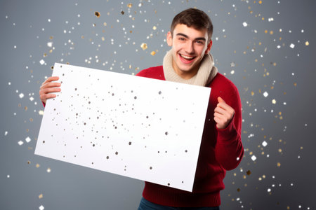 Young man holding a white placard with falling snow on gray backgroundの素材