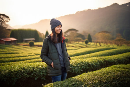 Beautiful asian woman standing in tea plantation at sunset time.の素材