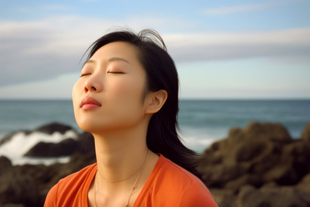 Beautiful asian woman in orange shirt on the beach at sunsetの素材