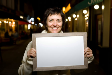 Portrait of smiling woman holding blank signboard in city at nightの素材