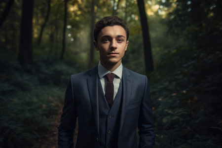 Portrait of a handsome young man in a dark forest. Men's beauty, fashion.の素材