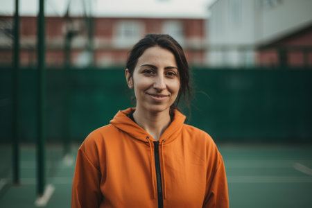 Portrait of a woman in an orange hoodie on a tennis courtの素材