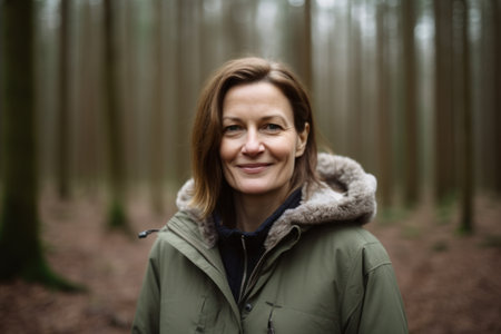 Portrait of a smiling woman in the forest. Winter season.の素材