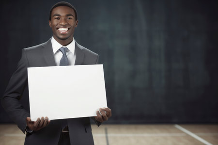 Portrait of smiling african american businessman holding blank white boardの素材