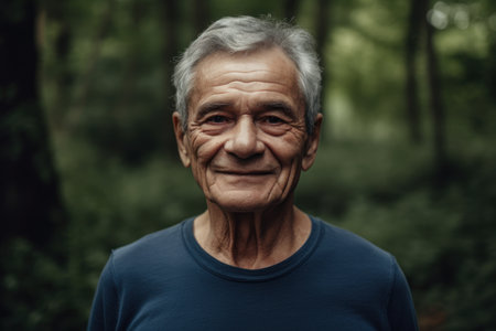 Portrait of an elderly man with a smile in the forest.の素材