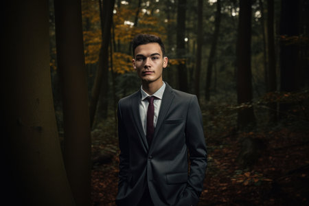 Young handsome man in suit and tie posing in autumn forest. Fashion shot.の素材