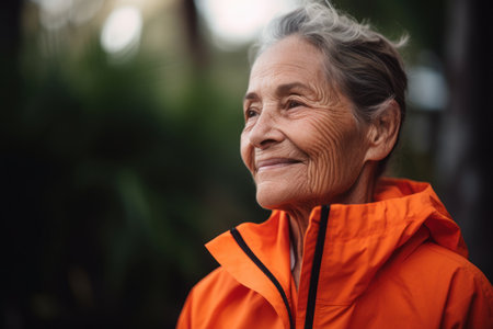 Portrait of smiling senior woman in orange jacket looking at camera outdoorsの素材
