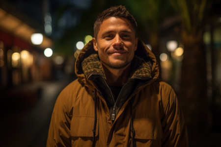 Portrait of handsome young man in the city at night time.の素材