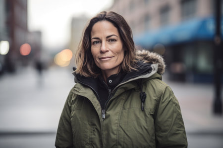 Portrait of a beautiful mature woman in a winter jacket on the streetの素材