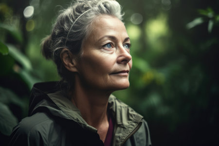 Portrait of a middle-aged woman in a rainforest.の素材
