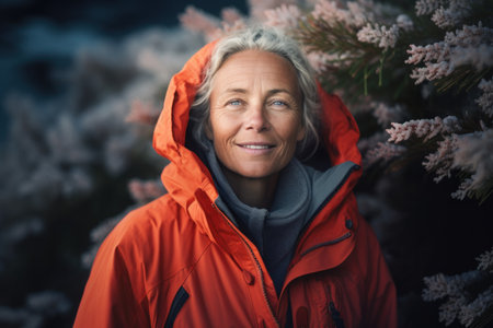 Portrait of senior woman in red jacket on the background of winter forest.の素材