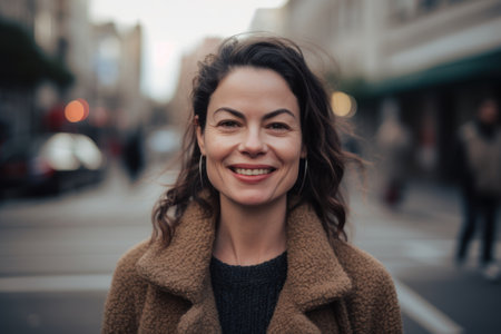Portrait of a young beautiful brunette woman in a brown coat on the street.の素材