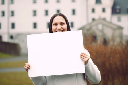 Young beautiful woman holding a blank white sheet of paper in the cityの素材