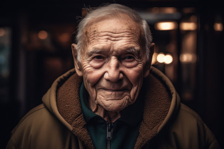 Portrait of an elderly man in a brown coat. Toned.の素材
