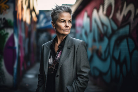 Portrait of a beautiful mature woman with short hair wearing a coat and posing in an urban contextの素材