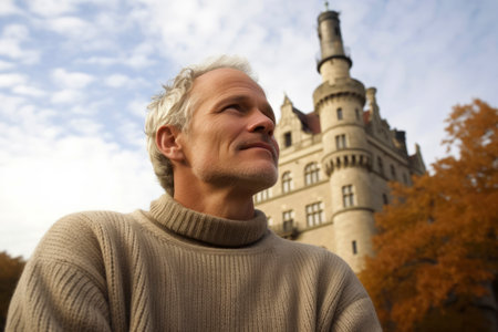 Handsome middle-aged man standing in front of a castle in autumnの素材