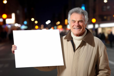 Portrait of senior man holding blank placard in city at nightの素材