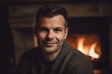 Portrait of a handsome man in front of a fireplace at homeの素材