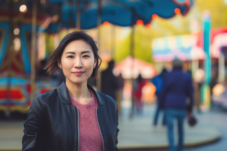 Beautiful asian woman in the amusement park with motion blur backgroundの素材