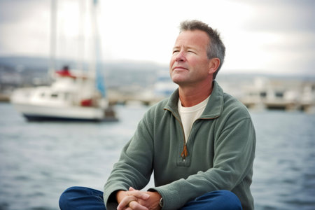 Portrait of a mature man sitting on a boat at the pierの素材