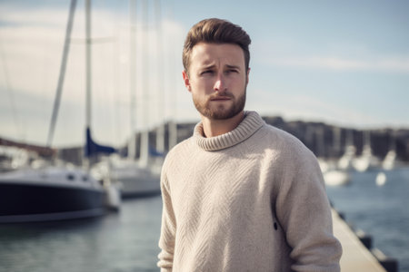 Portrait of a handsome young man standing in front of yachtsの素材