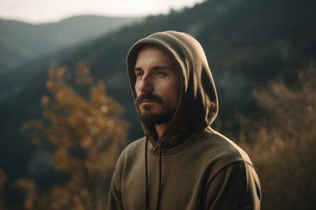 Handsome bearded man in green hoodie standing in mountains and looking awayの素材