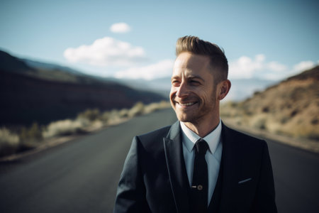 Portrait of a smiling businessman standing on a road in the desertの素材