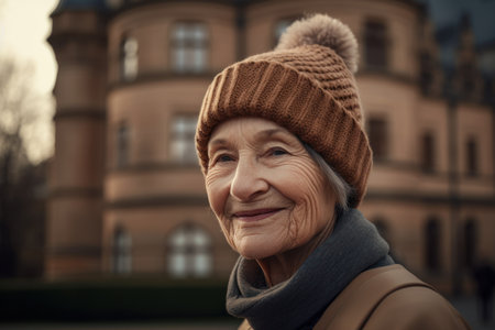 Portrait of senior woman in hat and coat smiling at camera outdoorsの素材