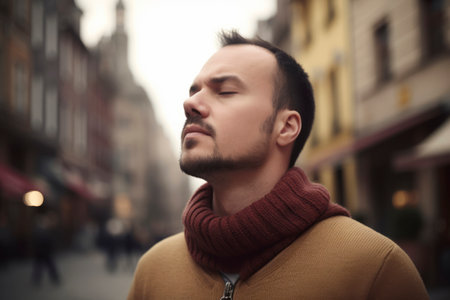 Portrait of a handsome young man in the city. Wearing a warm sweater and scarf.の素材