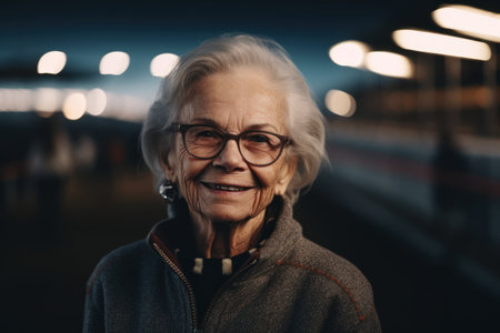 Portrait of an elderly woman in glasses on the background of the night city.の素材