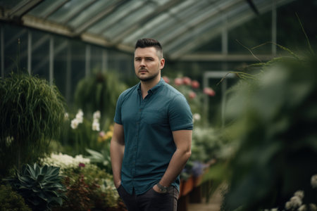 Portrait of a handsome man in a blue shirt standing in a greenhouseの素材