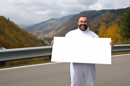 Businessman holding a white blank sign on the road in the mountainsの素材