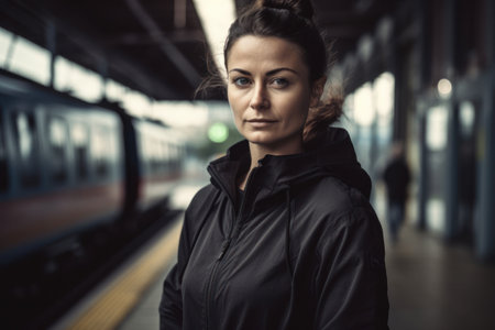 Portrait of a beautiful young woman in a black jacket with a train in the backgroundの素材